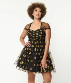 Unique Vintage Black & Pumpkin Print Babydoll Dress Sale