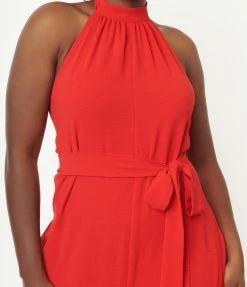 Flying Tomato Red Halter Wide Leg Jumpsuit Sale