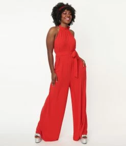 Flying Tomato Red Halter Wide Leg Jumpsuit Sale