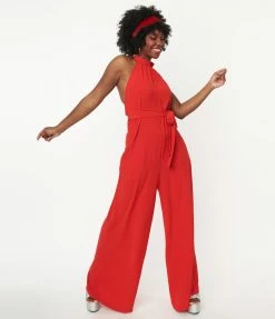 Flying Tomato Red Halter Wide Leg Jumpsuit Sale