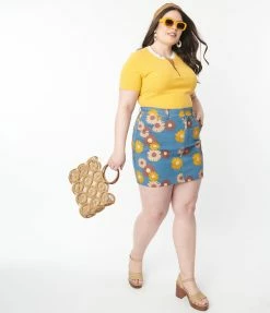 Sale Unique Vintage Plus Size Denim Floral What A Classic Mini Skirt