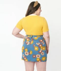 Sale Unique Vintage Plus Size Denim Floral What A Classic Mini Skirt