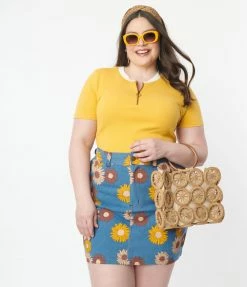 Sale Unique Vintage Plus Size Denim Floral What A Classic Mini Skirt