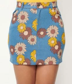 Unique Vintage Denim Floral What A Classic Mini Skirt Sale