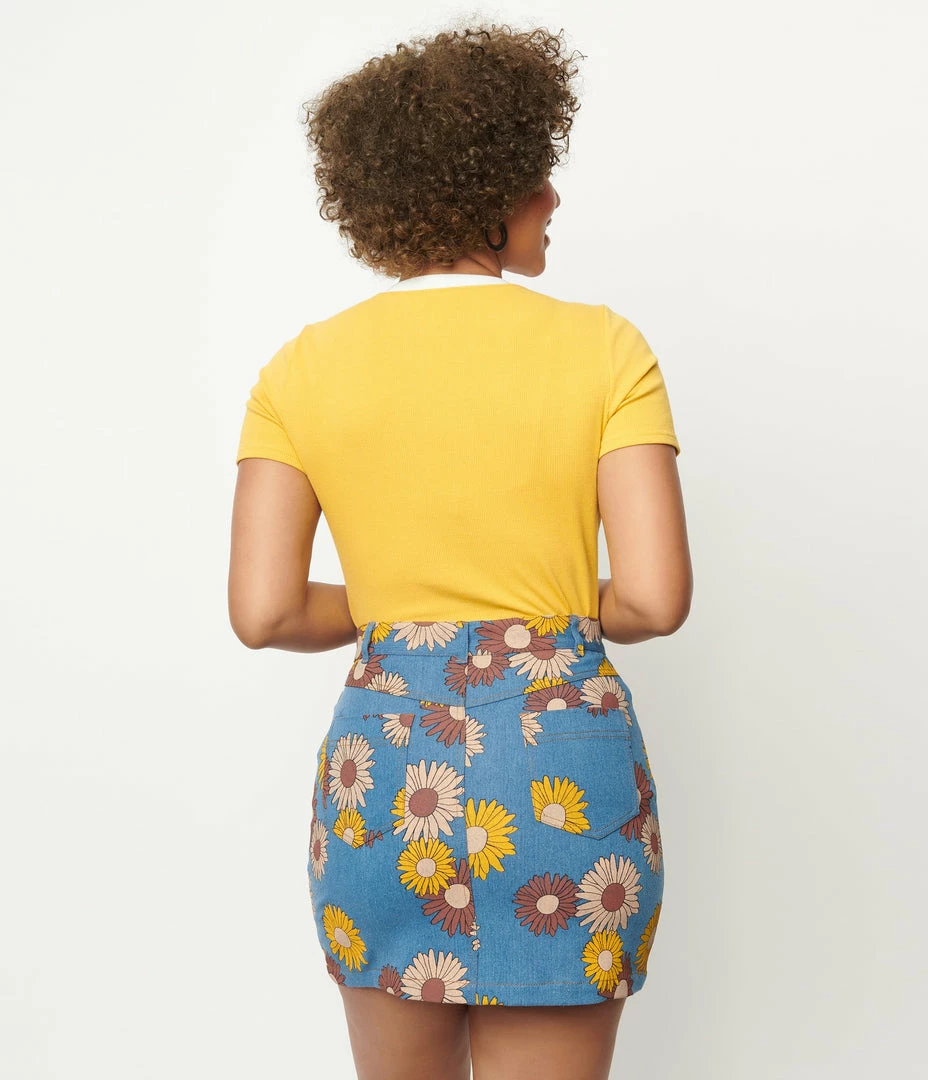 Unique Vintage Denim Floral What A Classic Mini Skirt Sale