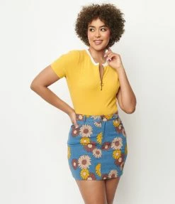 Unique Vintage Denim Floral What A Classic Mini Skirt Sale