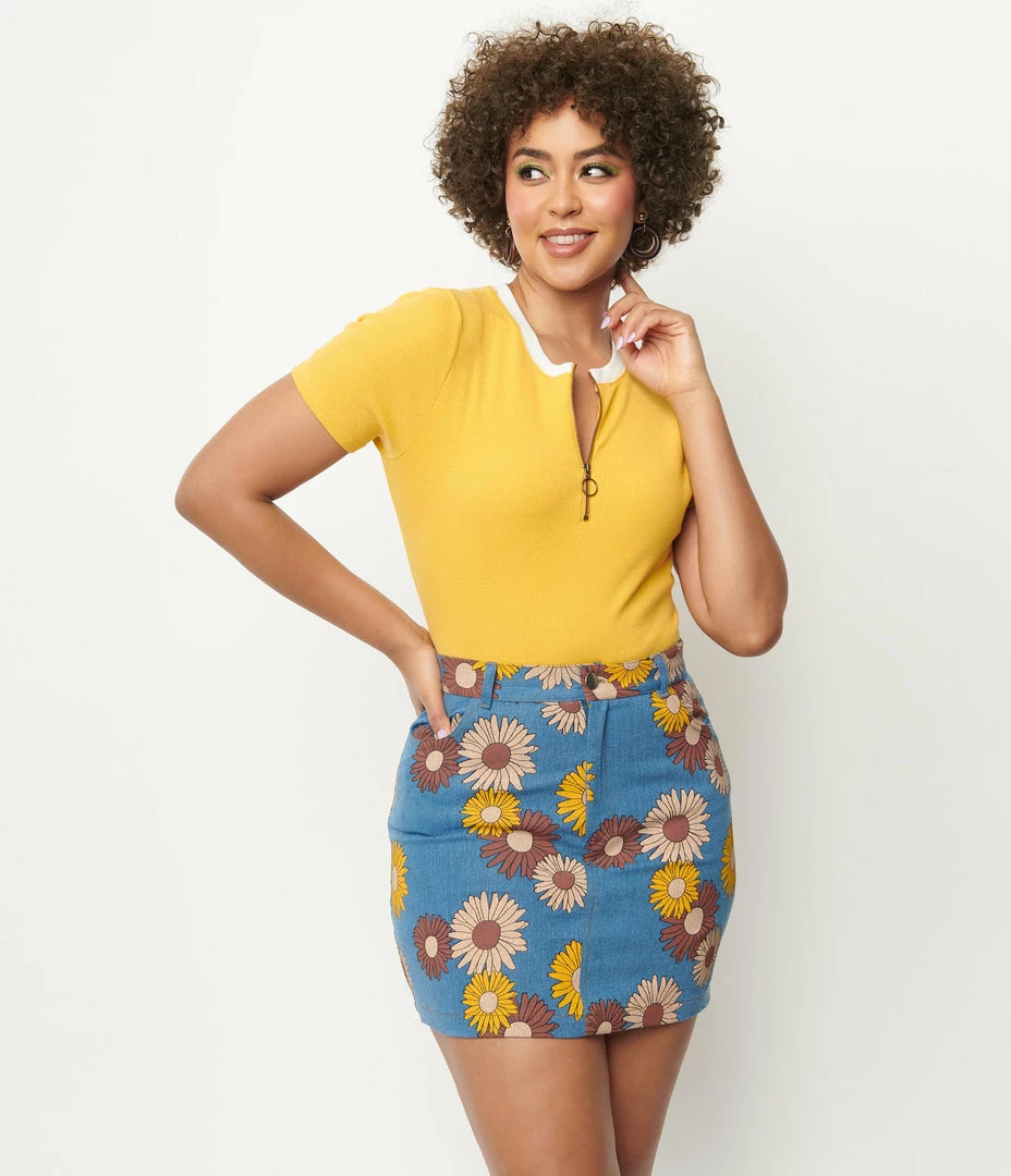Unique Vintage Denim Floral What A Classic Mini Skirt Sale