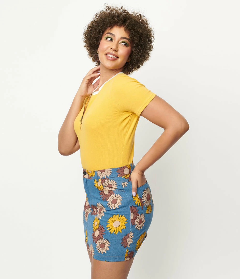 Unique Vintage Denim Floral What A Classic Mini Skirt Sale