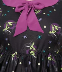 Unique Vintage Plus Size Black Pin-Up Witch Print Arden Babydoll Dress