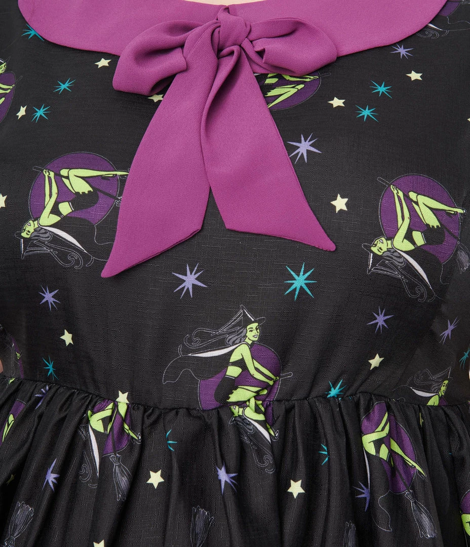 Unique Vintage Plus Size Black Pin-Up Witch Print Arden Babydoll Dress