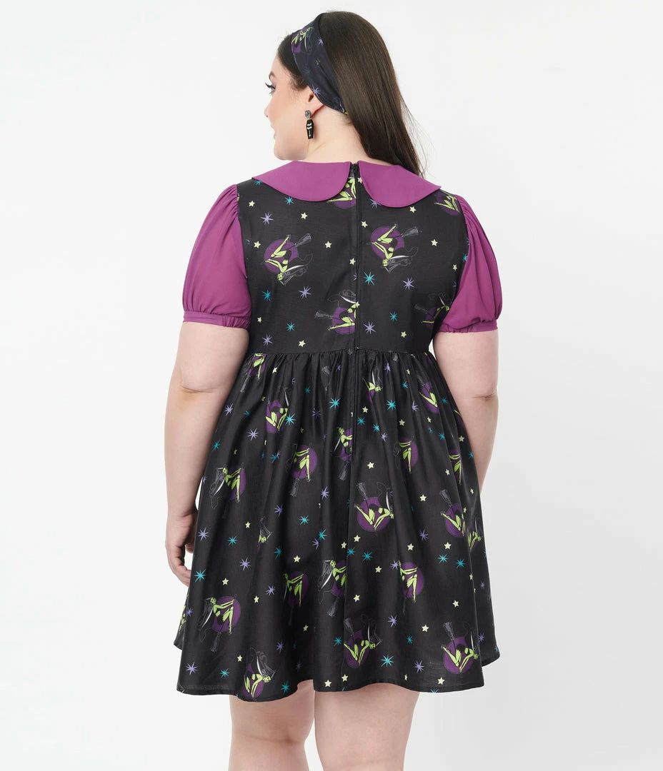 Unique Vintage Plus Size Black Pin-Up Witch Print Arden Babydoll Dress