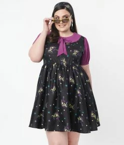 Unique Vintage Plus Size Black Pin-Up Witch Print Arden Babydoll Dress