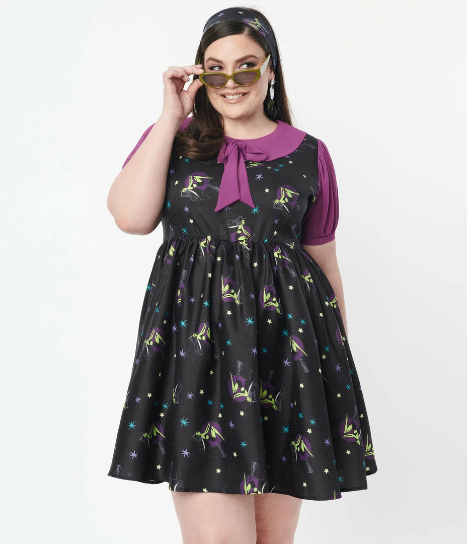Unique Vintage Plus Size Black Pin-Up Witch Print Arden Babydoll Dress