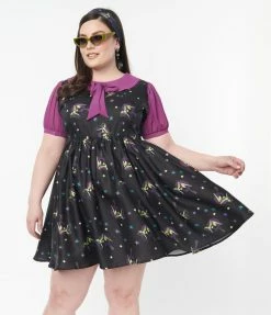 Unique Vintage Plus Size Black Pin-Up Witch Print Arden Babydoll Dress