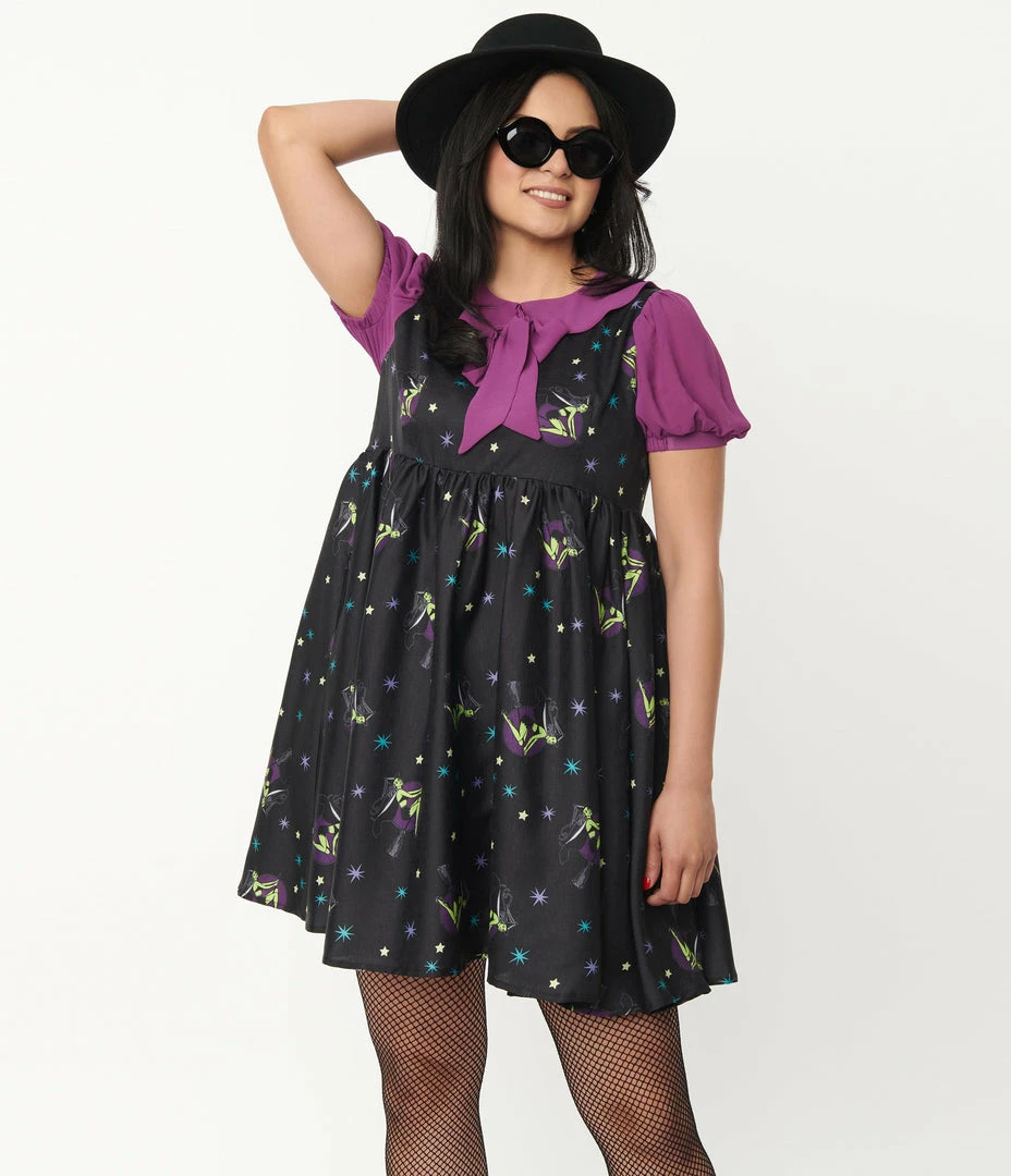 Unique Vintage Black Pin-Up Witch Print Arden Babydoll Dress