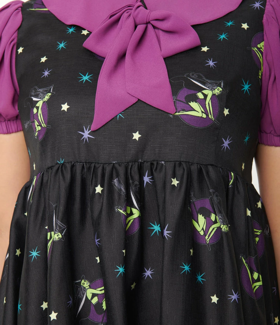 Unique Vintage Black Pin-Up Witch Print Arden Babydoll Dress