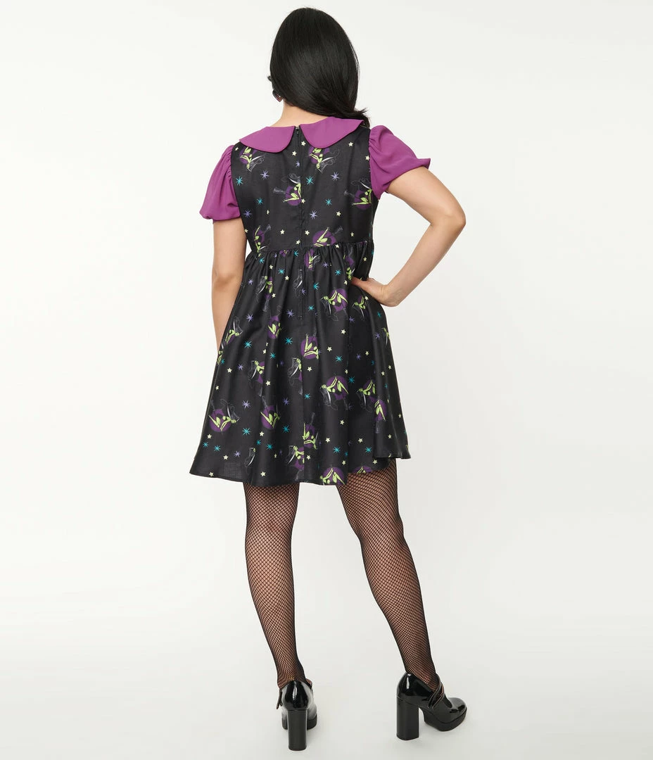 Unique Vintage Black Pin-Up Witch Print Arden Babydoll Dress