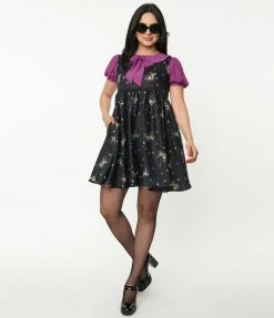 Unique Vintage Black Pin-Up Witch Print Arden Babydoll Dress