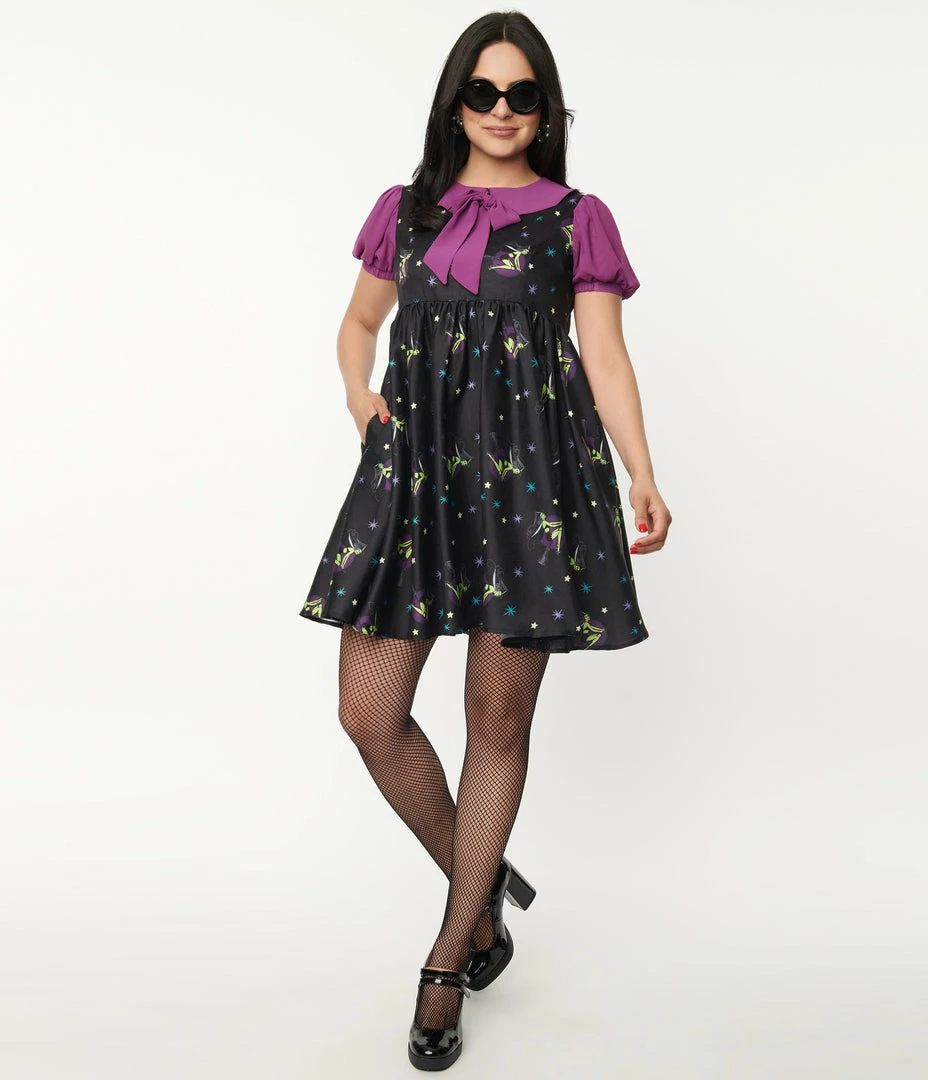 Unique Vintage Black Pin-Up Witch Print Arden Babydoll Dress