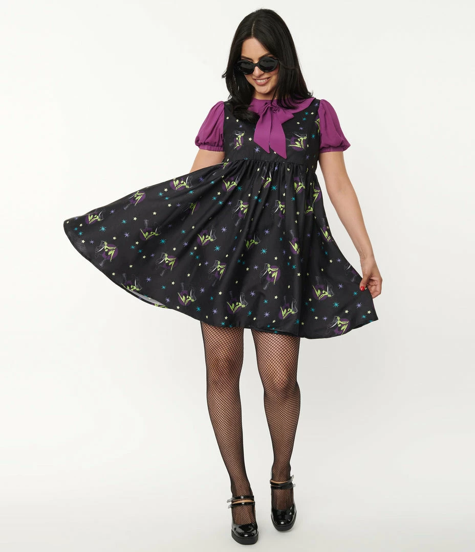 Unique Vintage Black Pin-Up Witch Print Arden Babydoll Dress