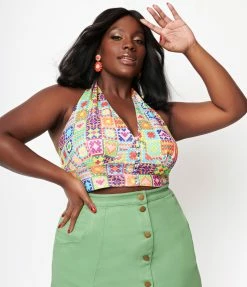 Sale Smak Parlour Plus Size Rainbow Quilt Print Feelin Groovy Crop Top