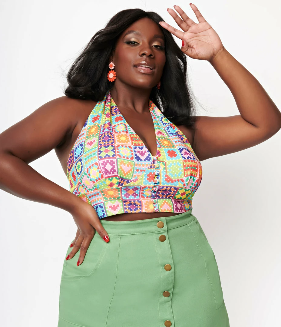 Sale Smak Parlour Plus Size Rainbow Quilt Print Feelin Groovy Crop Top