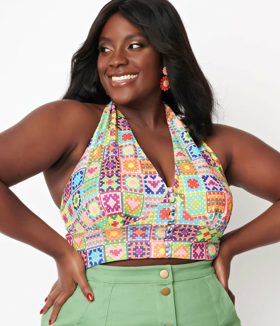 Sale Smak Parlour Plus Size Rainbow Quilt Print Feelin Groovy Crop Top