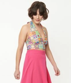 Sale Smak Parlour Rainbow Quilt Print Feelin Groovy Crop Top