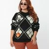 Unique Vintage Plus Size Black Argyle Halloween Windows Sweater Sale