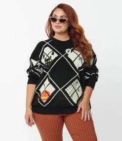 Unique Vintage Plus Size Black Argyle Halloween Windows Sweater Sale