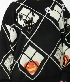 Unique Vintage Plus Size Black Argyle Halloween Windows Sweater Sale