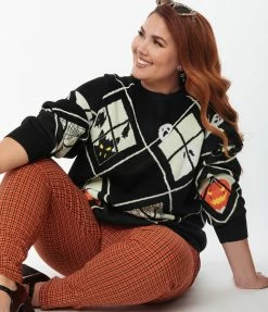 Unique Vintage Plus Size Black Argyle Halloween Windows Sweater Sale