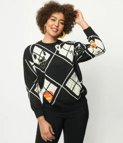 Unique Vintage Black Argyle Halloween Windows Sweater Sale