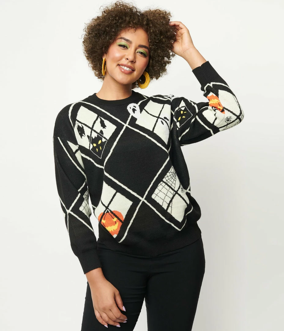 Unique Vintage Black Argyle Halloween Windows Sweater Sale