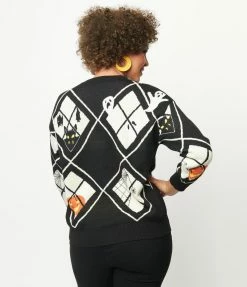 Unique Vintage Black Argyle Halloween Windows Sweater Sale
