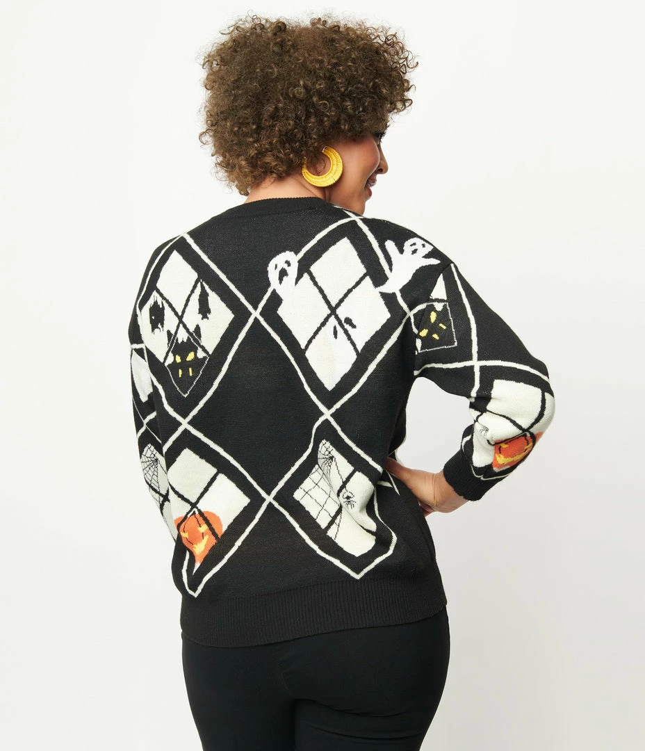 Unique Vintage Black Argyle Halloween Windows Sweater Sale