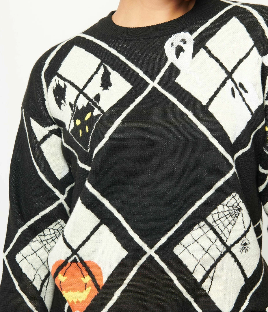 Unique Vintage Black Argyle Halloween Windows Sweater Sale