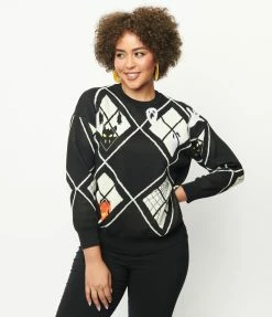 Unique Vintage Black Argyle Halloween Windows Sweater Sale
