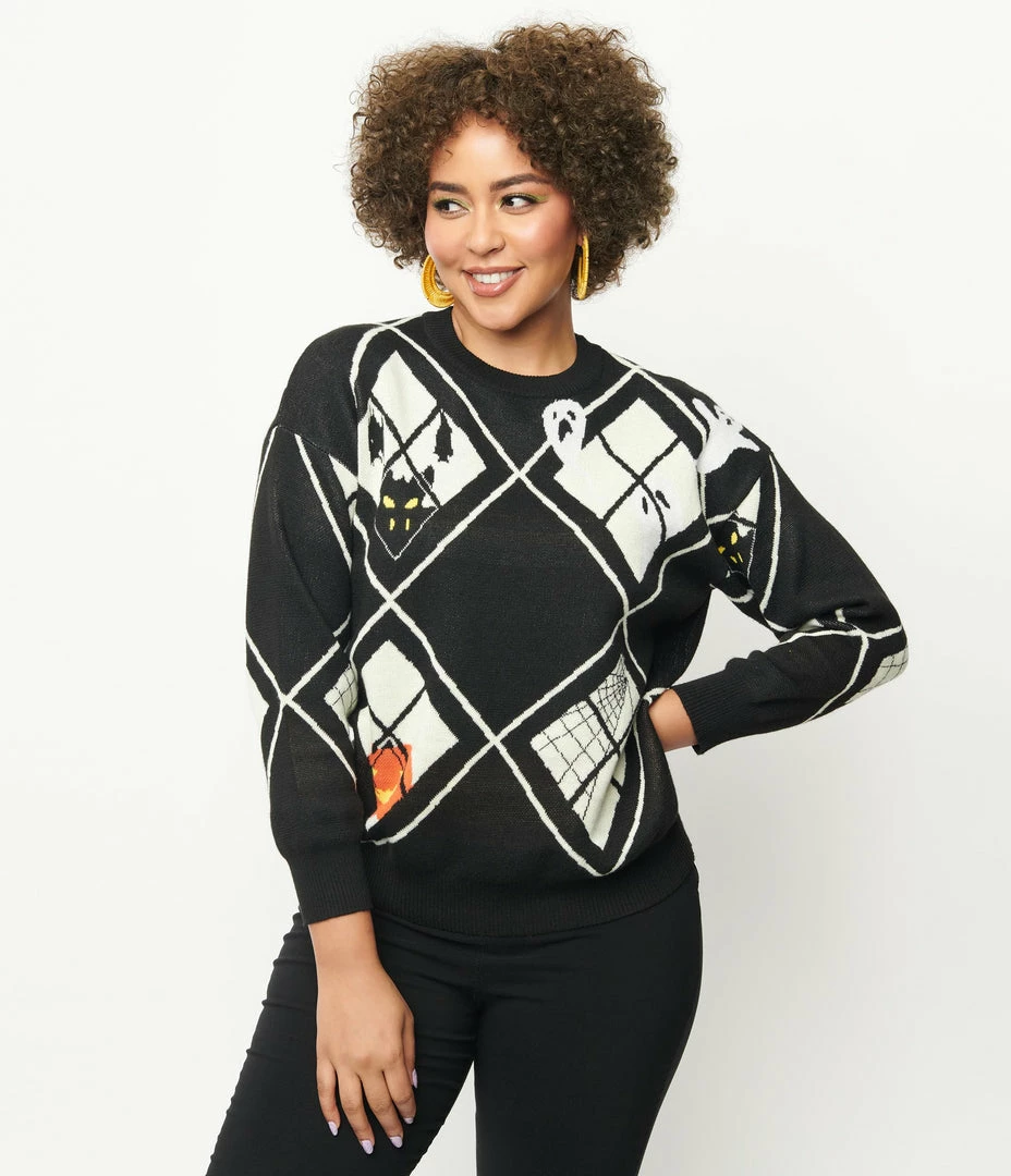 Unique Vintage Black Argyle Halloween Windows Sweater Sale