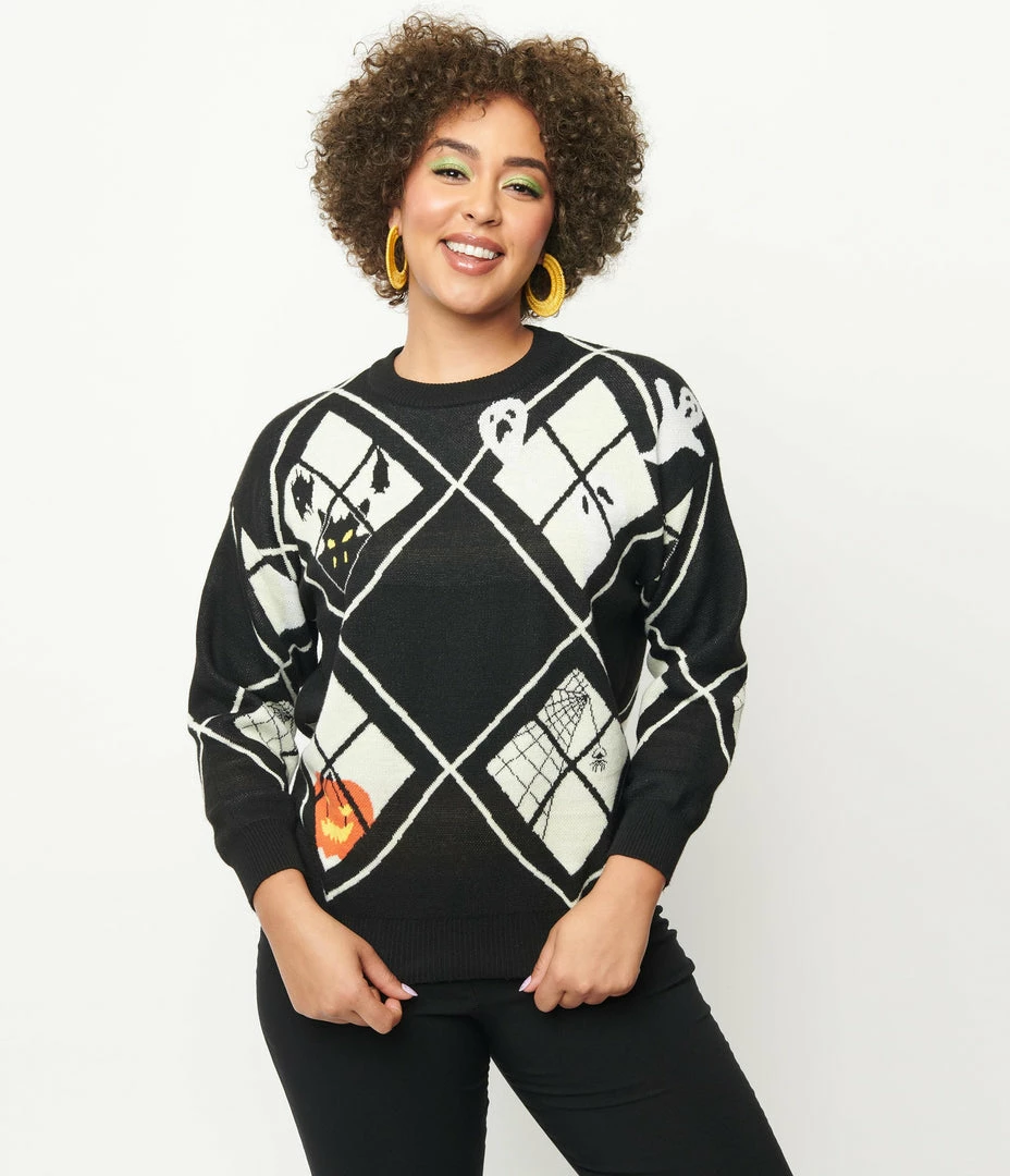 Unique Vintage Black Argyle Halloween Windows Sweater Sale