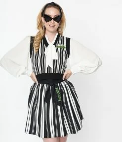 Beetlejuice X Unique Vintage Black & White Stripe Crop Sweater Vest Fan Flair