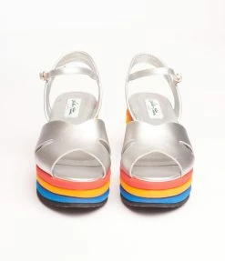 Collectif Shoes Lulu Hun Silver & Rainbow Platform Wedge Sandal