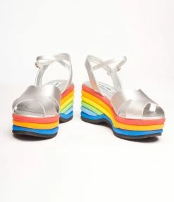 Collectif Shoes Lulu Hun Silver & Rainbow Platform Wedge Sandal