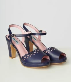 Collectif Shoes Lulu Hun Navy Blue Leatherette Lattice Melita Heels