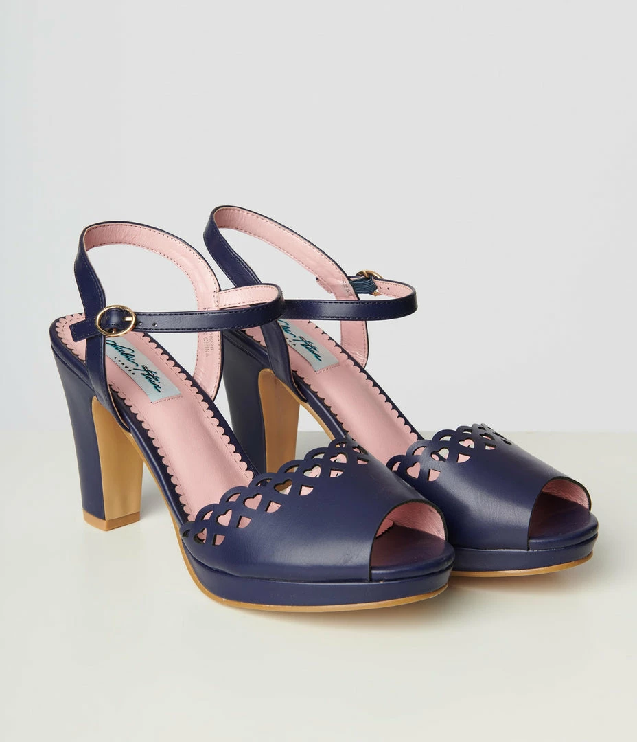 Collectif Shoes Lulu Hun Navy Blue Leatherette Lattice Melita Heels