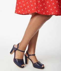 Collectif Shoes Lulu Hun Navy Blue Leatherette Lattice Melita Heels