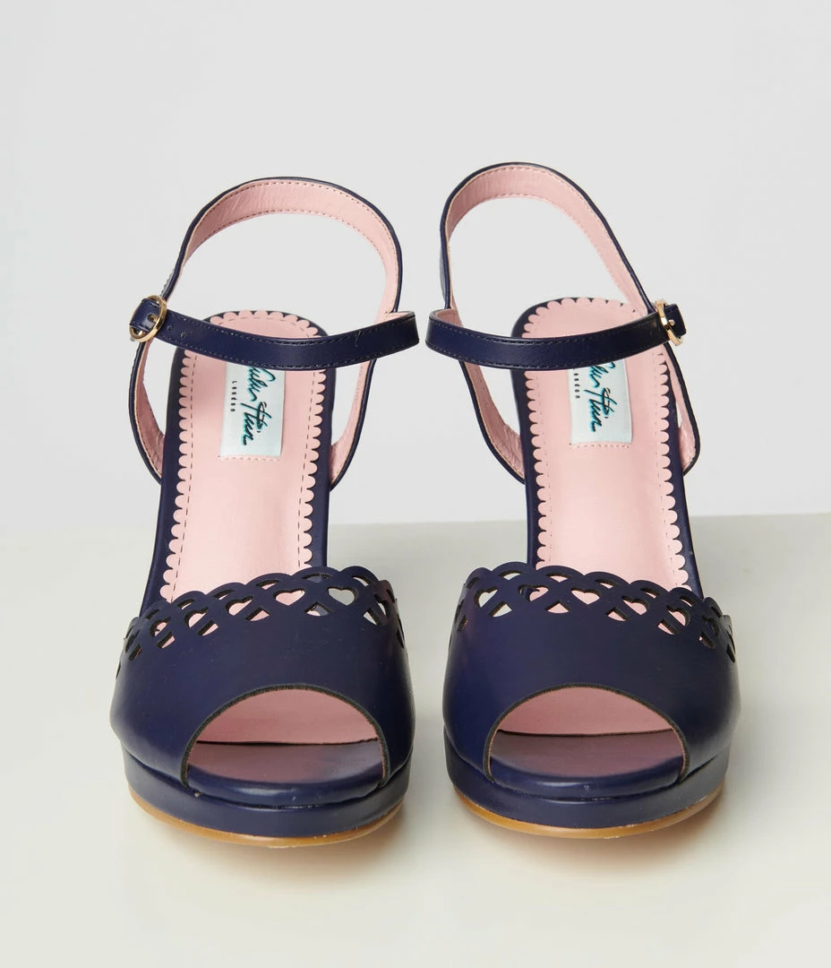 Collectif Shoes Lulu Hun Navy Blue Leatherette Lattice Melita Heels