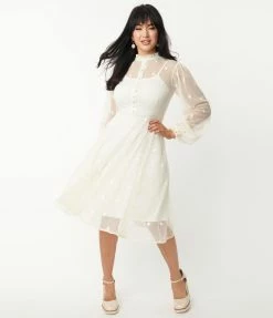 Unique Vintage Ivory Heart Mesh Leota Swing Dress