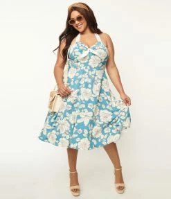 Unique Vintage Plus Size Blue & White Floral Bouquet Swing Dress Sale