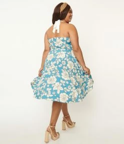 Unique Vintage Plus Size Blue & White Floral Bouquet Swing Dress Sale